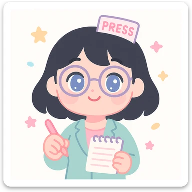 cute journalist woman with black hair, blue eyes, and glasses, holding a notepad and pen, friendly and approachable style sticker