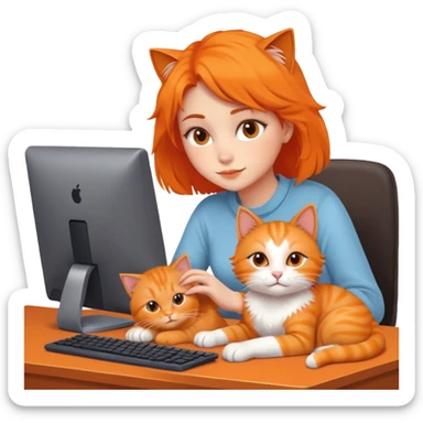 A girl is working in front of a computer, and a cat is lying next to the computer sticker