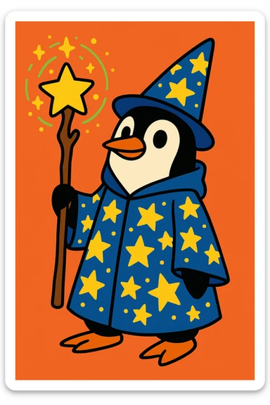 a penguin wizard with a starry robe and a magical staff, whimsical cartoon style sticker