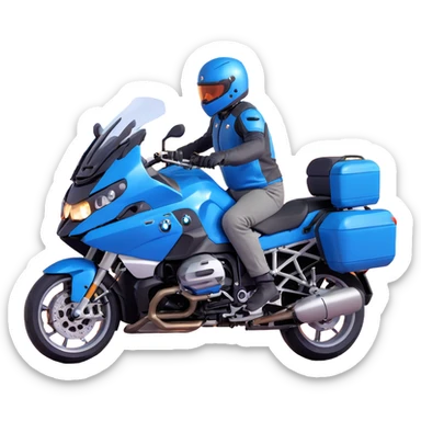 blue BMW RT1200 touring motorcycle with rider on open road sticker