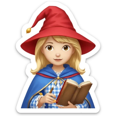 young woman mage with golden blonde hair, red and white gingham dress, blue cloak and pointy hat, holding a spellbook, emoji style sticker