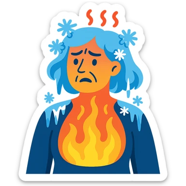 a cartoon woman with steam or fire inside her body and icicles or snowflakes on her hair and shoulders, showing menopause hot inside cold outside sticker