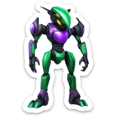 a shiny black-green-purple Genesect-Raptor-Fakémon-Medabot-hybrid with a futuristic visor-helmet full body sticker