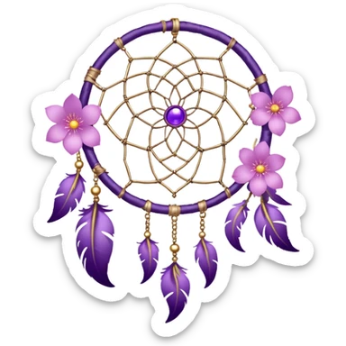 A silver-framed Dreamcatcher. with purple-round-orbs, gold-rings hanging down. purple flowers, pink sakura flowers, sticker