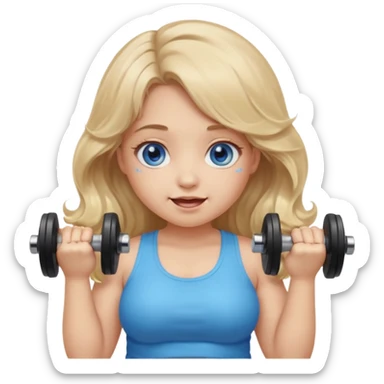 Kawaii emoji girl with big  blue glossy eyes, long wavy dirty blonde hair, happy expression, holding a dumbell, chubby cheeks, soft pastel colors, cozy and sweet aesthetic, clean background. sticker