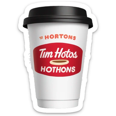 “Red Tim Hortons coffee cup with large white ‘Tim Hortons’ logo in script, black plastic lid, and a simple, clean design.” sticker