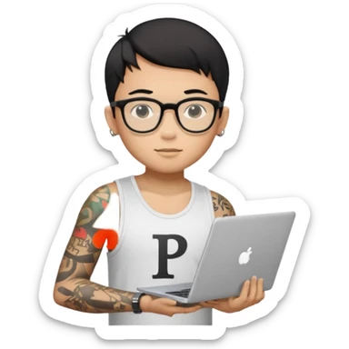 A young boy with A macbook laptop, black straight short hair, wearing glasses, wearing a tanktop, has tattoos, he is asian, no earrings, he's holding a laptop

Add the letters "P I F" floating around sticker