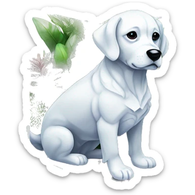 A dog made of glass mirror crystals prisms glass transparent filled with plants as a terrarium with graffiti doodles sticker