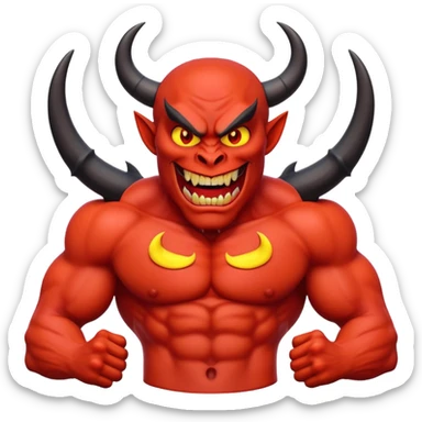 Muscular red devil emoji, black horns, glowing yellow eyes, sharp teeth, evil smile, defined abs, glossy red skin, dramatic lighting, 3D Pixar style, high detail sticker