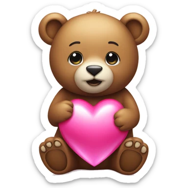 A cute bear holding a pink shiny heart sticker