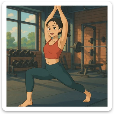 Edit the image of an Asian woman in a yoga pose, energetic, wearing fitness attire, with a gym background in ghibli style. sticker