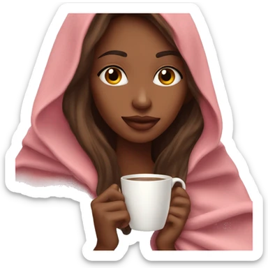 very long brown skin hair pretty girl in a pink blanket sipping coffee sticker