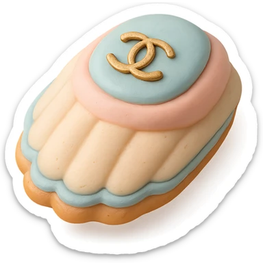 pastel fondant cake art style Chanel madeleine with a gold logo accent sticker
