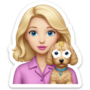 Long, straight, blonde hair, blue eyed woman, wearing soft pink lipstick, holding a wavy blonde, goldendoodle. sticker