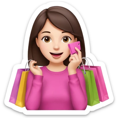 A happy brunette girl holding shopping bags with one hand on her mouth, just like the 🤭 emoji, in pink color scheme. sticker