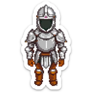 A pixel art knight in armor with a closed helmet, expressing sadness. The knight's arms and legs are in different positions. The image is portrait-sized and has a clear outline. sticker