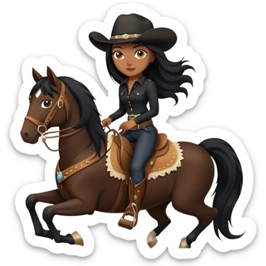 confident hot tanned woman with long black hair wearing black outfit riding a horse cowgirl style sticker