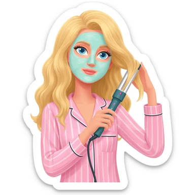 Draw a blonde girl wearing striped Victoria's Secret pajamas, styling her hair with a curling iron, and also apply a skincare mask. sticker