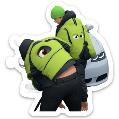 boy in jacket by car sticker