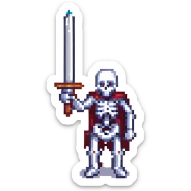 skeleton holding a sword, pixel art style sticker