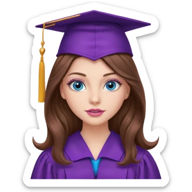 girl with very long wavy brown hair, blue eyes, long lashes makeup, sexy pink lips, wearing a purple graduation cap and gown sticker