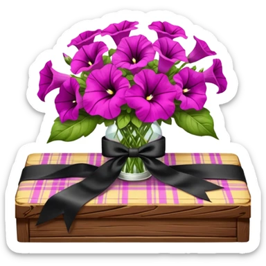 A lush bouquet of bright light margenta color petunia black satin ribbon, resting on an antique wooden table, with a pale yellow and pink plaid pattern table cloth sticker