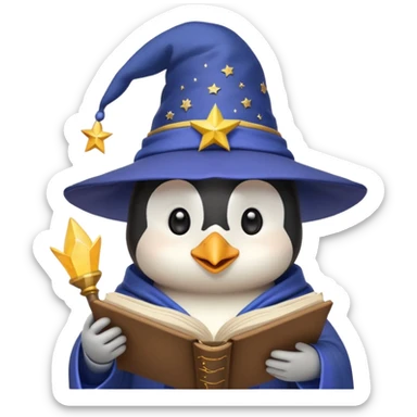 cute penguin wizard holding an open spellbook with a starry hat, emoji style sticker