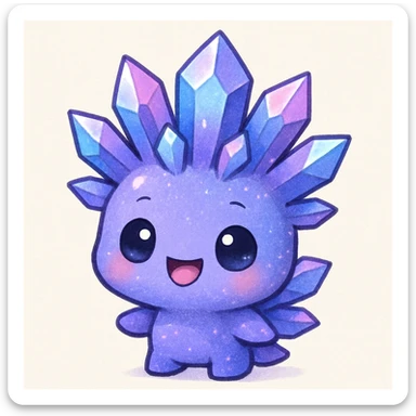 Change the expression to happy, keeping the chibi kawaii crystal sprite creature in purple, blue, and pink colors, cute and adorable, with crystal-like features. Maintain the chibi kawaii crystal sprite style and color scheme. sticker