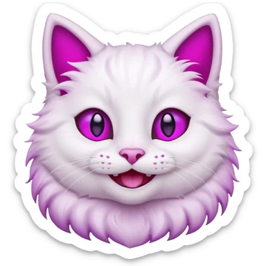 White cat smiling with teeth showing, pink inner ears, magenta purple eyes sticker