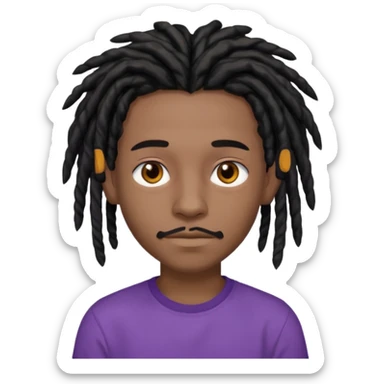 black teen with black dreads in a middle part with brown eyes and a small mustache and purple shirt sticker
