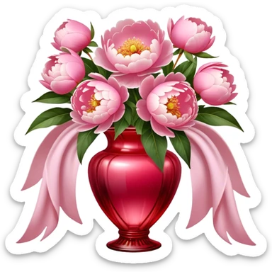 Lush Shell Pink peonies bloom gracefully in a Venetian Red glass vase, their soft petals glowing in the light. An Angel Pink silk bow drapes elegantly around the vase, adding a touch of delicate romance." sticker