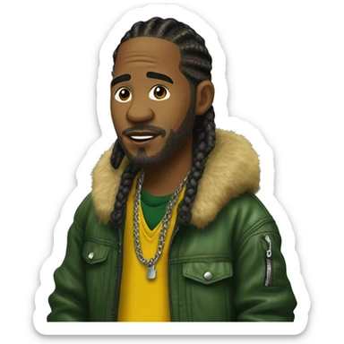 Side profile of a hip hop artist with braids. He has an arm extended down, holding a mic. He's wearing a very dark green crocodile jacket. The jacket has a furry yellow mustard collar.  sticker
