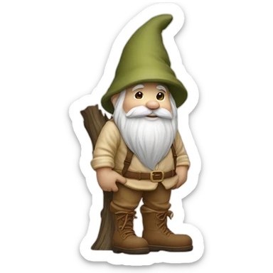 side view of gnome with light tan pants and boots squatting above tiny brown log sticker