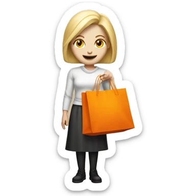 Design a white-skinned, blonde emoji-style character (iPhone aesthetic) holding an orange shopping bag labeled 'MULT EMBALAGENS sticker