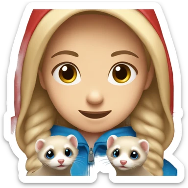 Ferret in hands of a blond girl with blue eyes in red hoodie  sticker