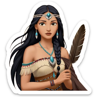 Cinematic Realistic Pocahontas Portrait, depicted with lifelike skin texture, soft natural lighting, and intricately detailed long, flowing raven-black hair that moves gracefully in the wind. Her deep, soulful dark brown eyes exude wisdom and strength, complemented by a serene yet powerful expression. She is shown gently holding a feather in one hand, her other hand resting lightly at her side, embodying the harmonious balance between nature and herself. She is dressed in her classic one-shoulder native American dress, with rich fabric textures and delicate beaded details that catch the light beautifully. The portrait features a soft, sun-kissed glow with a natural, radiant finish, capturing the essence of untamed beauty and deep connection to nature in a realistic and painterly style, evoking a sense of depth and authenticity. sticker