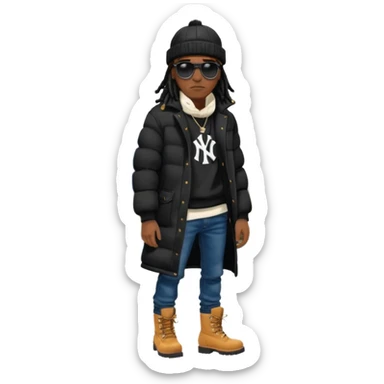 African American man brown skin complexion with black dreadlocks shoulder length wearing black bubble winter coat wearing black sunglasses with denim skinny jeans and timberland boots  wearing new york Yankees baseball cap sticker