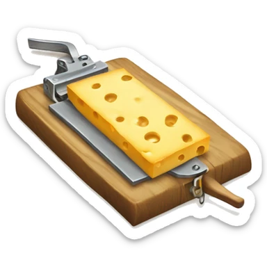 A mousetrap with a piece of cheese on it. The mousetrap should be classic wooden style, with the cheese placed on the trigger mechanism. The cheese should be a small, yellow wedge. sticker
