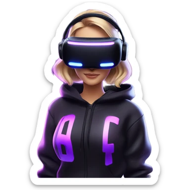 Russian girl wearing black hoody with violet letters "OMG", in vr headset oculus quest2. Dancing. Cyberpunk style. Violet neon. sticker