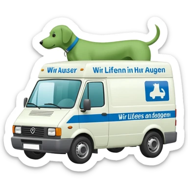 a white delivery van with green and blue color on the delivery van tarpaulin. Text: Wir liefern bis an die Türe. Ausser Ihr Hund ist dagegen" sticker