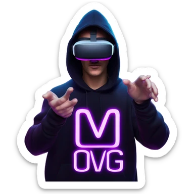 Russian man wearing a black hoodie with "OMG" letters on it and VR headset oculus quest 2 in a cyberpunk VR environment with violet neon lighting. Showing direction with hand sticker