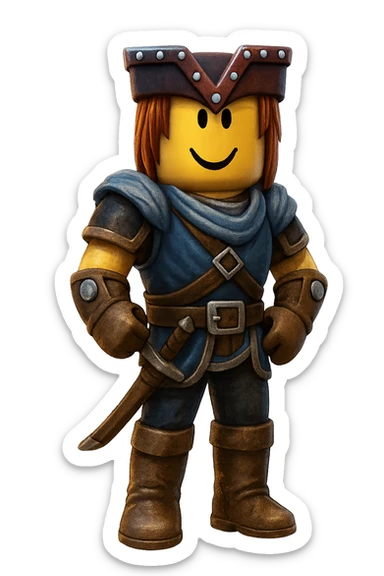 Extract only the character in blue armor with a red V helmet (fifth from left) from the image, place it on a transparent background, and keep the original Roblox style and appearance. sticker