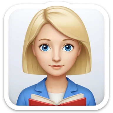 Mrs. Maria, math and artificial intelligence teacher, no glasses, thin nose, blonde eyebrows, blonde bob hair, blue eyes, holding a book sticker
