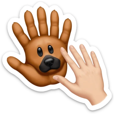 there is a drawing of a human hand gently reaching toward a dog’s paw. The dog has brown fur with black areas, and the paw is extended like it’s about to touch the person’s fingers sticker