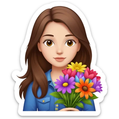 Cool girl with long brown hair holding a bouquet of flowers sticker
