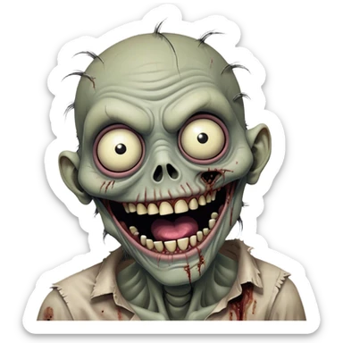 Cinematic Comical Zombie Portrait Emoji, with a grotesquely exaggerated yet playful decaying face in muted ashen tones, head cocked in a dramatically shocked expression with wildly comical, googly eyes and a gaping, silly grin revealing quirky stitches, simplified yet hilariously expressive, highly detailed with a soft eerie glowing outline capturing the absurd humor of a zombie in comic disbelief! sticker