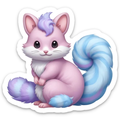 cotton-candy mist pink-blue-lilac fur whipped into cloud-soft spirals beautiful elegant pretty precious cute  Fakémon-Pokémon-opossum-feline-serval-caracal-chinchilla-Furret-Minccino-hybrid-creature with a big fluffy bushy tail (full body) sticker