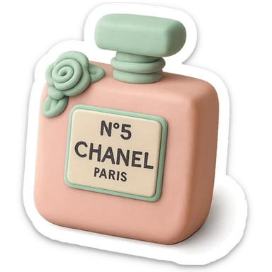 Chanel perfume bottle cake in fondant cake art style, pastel pink and mint, elegant and delicate sticker