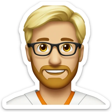 Blond male artist wearing doctor scrubs and round tortoiseshell glasses and short blond beard profile pic sticker