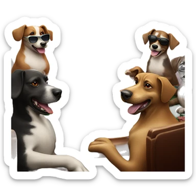 Group of dogs playing poker at poker table, wearing shades, holding 2 cards sticker